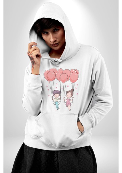 Sevgili Balon Aşk Salıncak Sevgililer Günü Kadın Erkek Beyaz Kapüşonlu Sweatshirt Hoodie