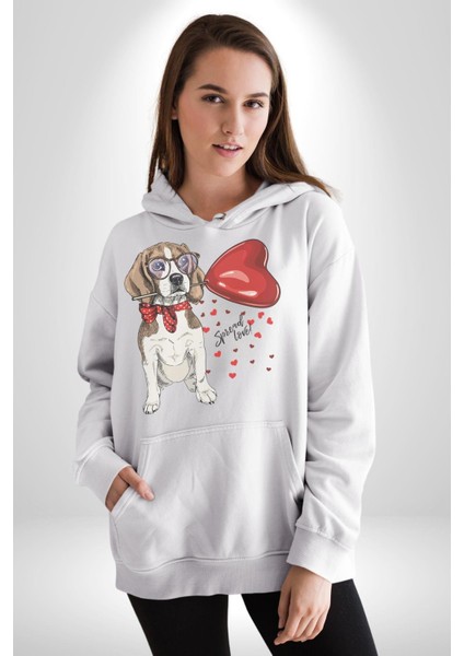 Poodle ve Beagle Sevililer Günü Hediyesi Kadın Erkek Beyaz Kapüşonlu Sweatshirt Hoodie