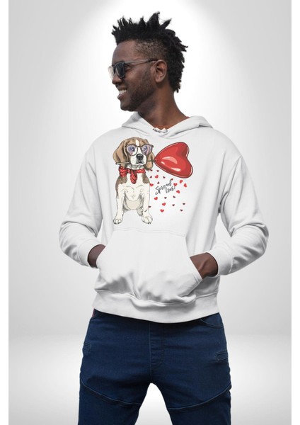 Poodle ve Beagle Sevililer Günü Hediyesi Kadın Erkek Beyaz Kapüşonlu Sweatshirt Hoodie fiyatları