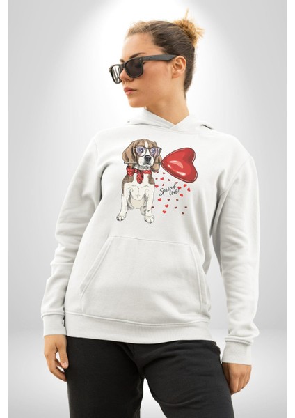 Poodle ve Beagle Sevililer Günü Hediyesi Kadın Erkek Beyaz Kapüşonlu Sweatshirt Hoodie modelleri