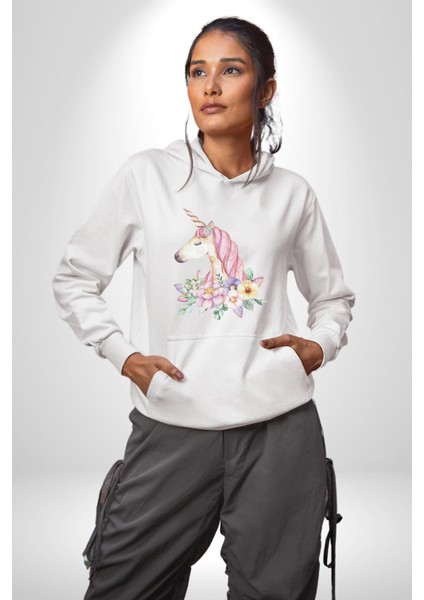 Unicorn Çiçek Kadın Erkek Beyaz Kapüşonlu Sweatshirt Hoodie