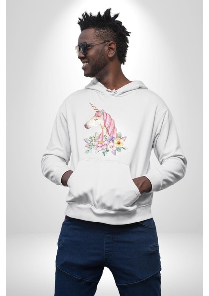 Unicorn Çiçek Kadın Erkek Beyaz Kapüşonlu Sweatshirt Hoodie fiyatları