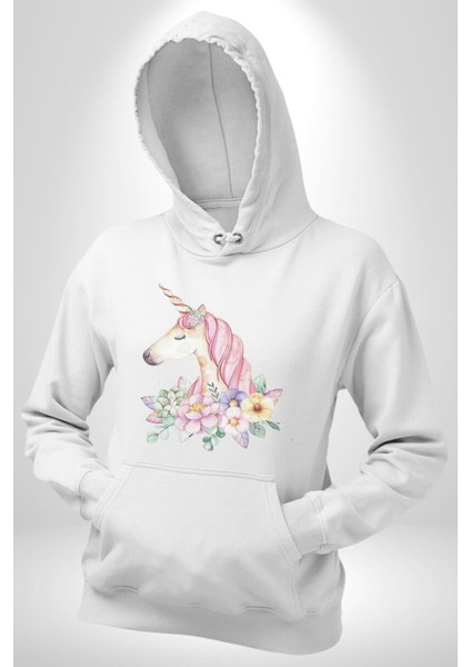 Unicorn Çiçek Kadın Erkek Beyaz Kapüşonlu Sweatshirt Hoodie modelleri
