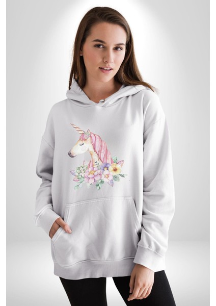 Unicorn Çiçek Kadın Erkek Beyaz Kapüşonlu Sweatshirt Hoodie fırsatları