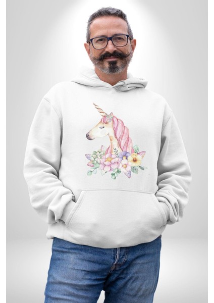 Unicorn Çiçek Kadın Erkek Beyaz Kapüşonlu Sweatshirt Hoodie indirimleri
