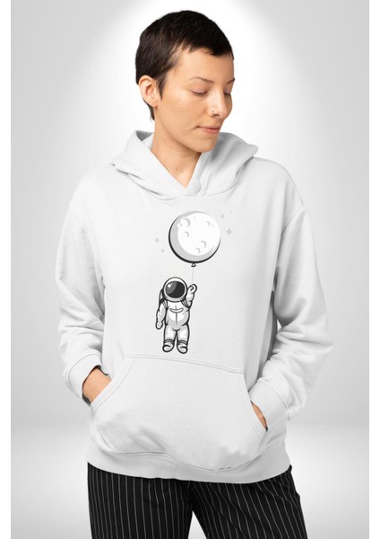 Astronot Ay Balon Kadın Erkek Beyaz Kapüşonlu Sweatshirt Hoodie