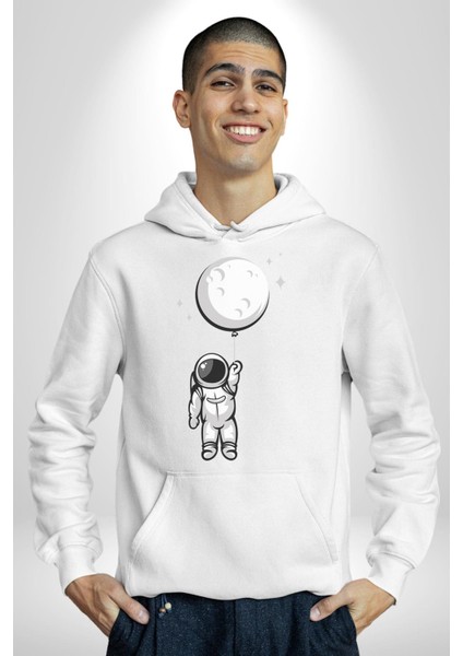 Astronot Ay Balon Kadın Erkek Beyaz Kapüşonlu Sweatshirt Hoodie fiyatları