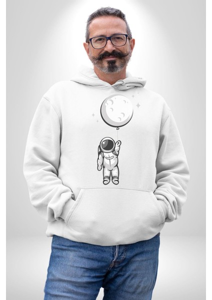 Astronot Ay Balon Kadın Erkek Beyaz Kapüşonlu Sweatshirt Hoodie fırsatları