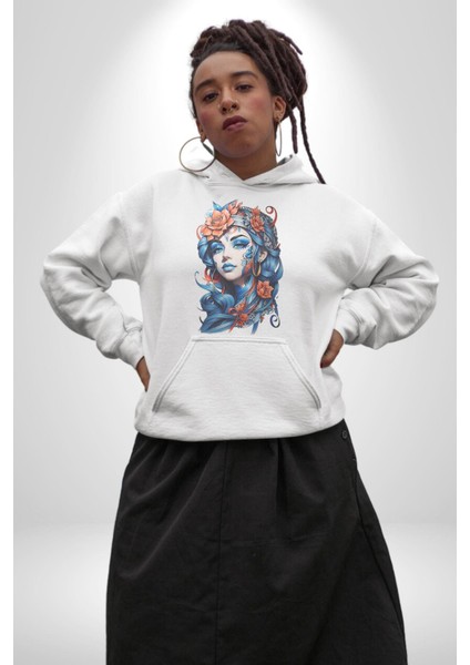 Kızlar Modası Dövme Çiçek Kadın Erkek Beyaz Kapüşonlu Sweatshirt Hoodie