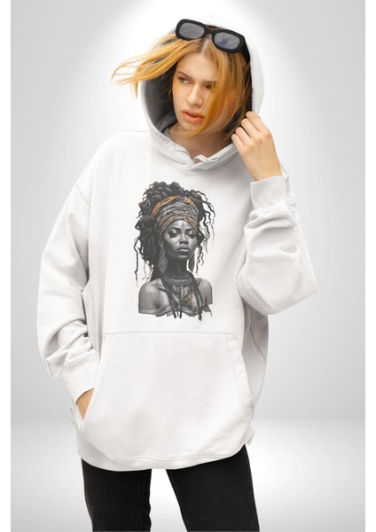 Afrikalı Kadın Sanat Siyahi Kadın Erkek Beyaz Kapüşonlu Sweatshirt Hoodie