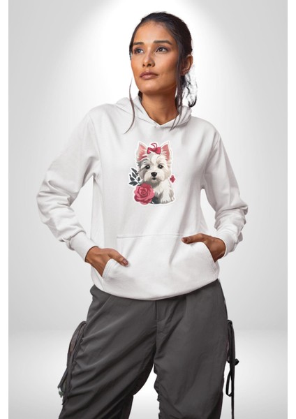 Beyaz Highland Teriyeri Kırmızı Gül Kadın Erkek Beyaz Kapüşonlu Sweatshirt Hoodie
