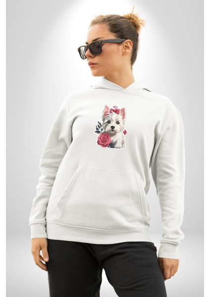 Beyaz Highland Teriyeri Kırmızı Gül Kadın Erkek Beyaz Kapüşonlu Sweatshirt Hoodie fiyatları
