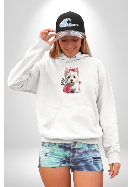 Beyaz Highland Teriyeri Kırmızı Gül Kadın Erkek Beyaz Kapüşonlu Sweatshirt Hoodie indirimleri