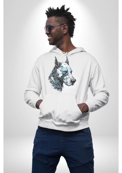 Robot Cyborg Köpek Doberman Kadın Erkek Beyaz Kapüşonlu Sweatshirt Hoodie