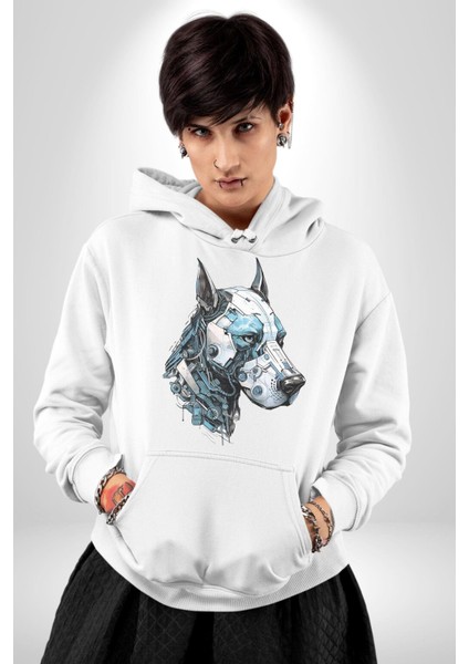 Robot Cyborg Köpek Doberman Kadın Erkek Beyaz Kapüşonlu Sweatshirt Hoodie