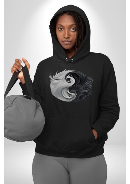 Siyah Beyaz Ying Yang Kadın Erkek Siyah Kapüşonlu Sweatshirt Hoodie indirimleri