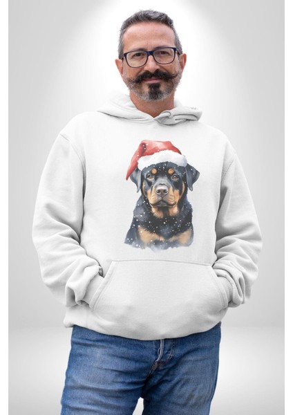 Yeni Yıl Noel Rottweiler Kadın Erkek Beyaz Kapüşonlu Sweatshirt Hoodie