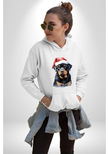 Yeni Yıl Noel Rottweiler Kadın Erkek Beyaz Kapüşonlu Sweatshirt Hoodie fiyatları