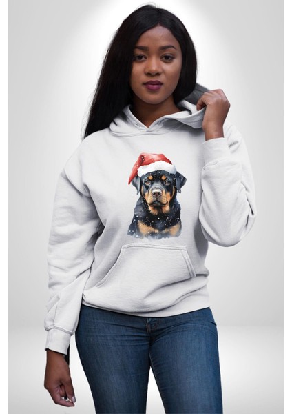 Yeni Yıl Noel Rottweiler Kadın Erkek Beyaz Kapüşonlu Sweatshirt Hoodie modelleri