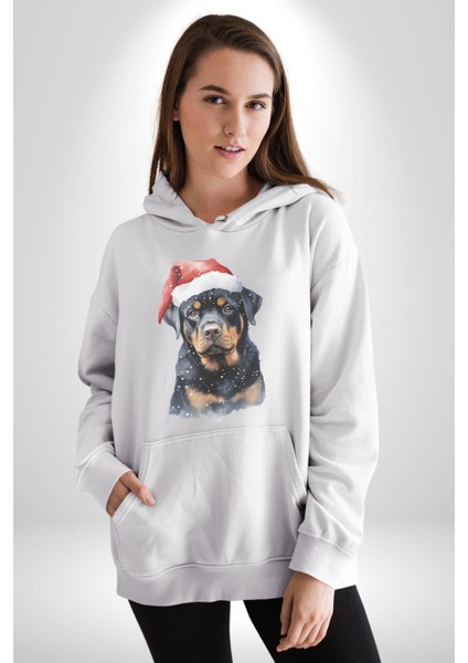 Yeni Yıl Noel Rottweiler Kadın Erkek Beyaz Kapüşonlu Sweatshirt Hoodie fırsatları