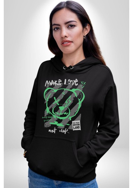 Savaşma Teddy Bear Kadın Erkek Siyah Kapüşonlu Sweatshirt Hoodie modelleri