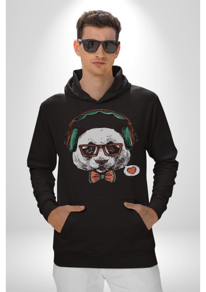 Kulaklıklı Hipster Portre Panda Kadın Erkek Siyah Kapüşonlu Sweatshirt Hoodie