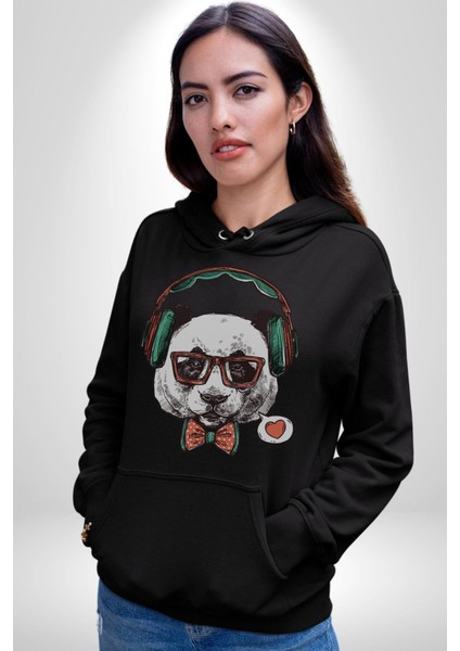 Kulaklıklı Hipster Portre Panda Kadın Erkek Siyah Kapüşonlu Sweatshirt Hoodie fiyatları