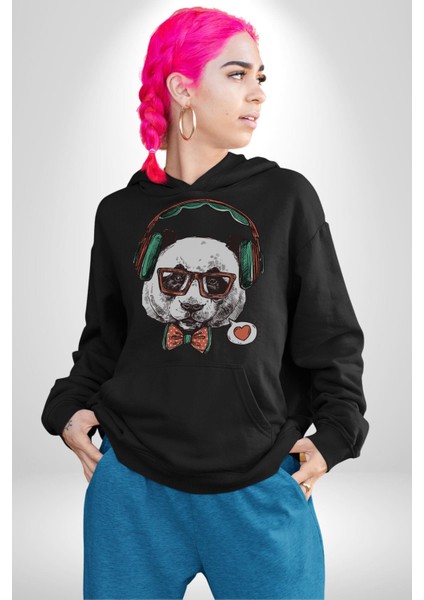 Kulaklıklı Hipster Portre Panda Kadın Erkek Siyah Kapüşonlu Sweatshirt Hoodie modelleri