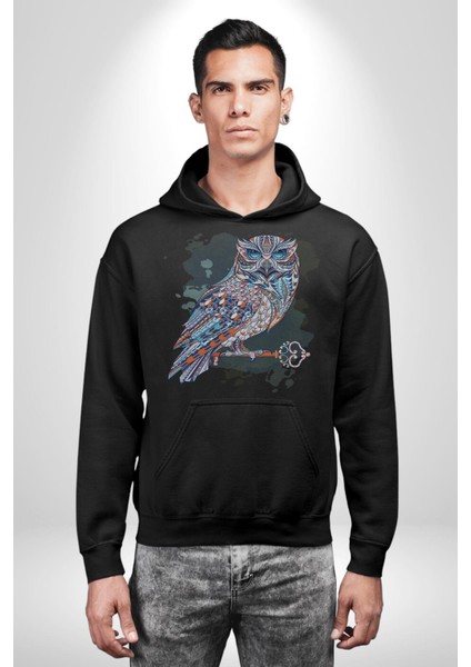 Anahtar Baykuş Tuval Kadın Erkek Siyah Kapüşonlu Sweatshirt Hoodie