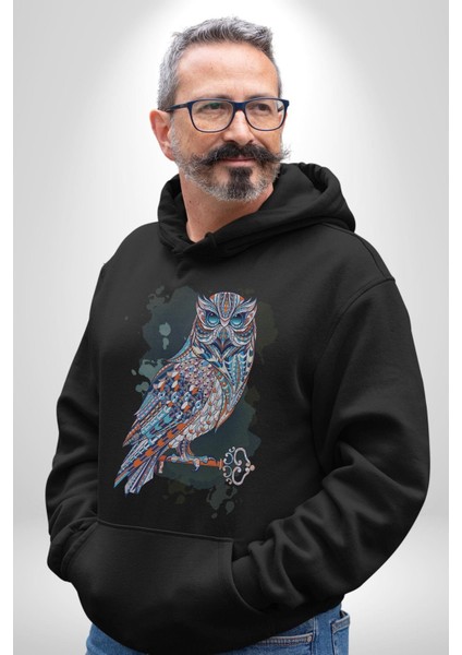 Anahtar Baykuş Tuval Kadın Erkek Siyah Kapüşonlu Sweatshirt Hoodie