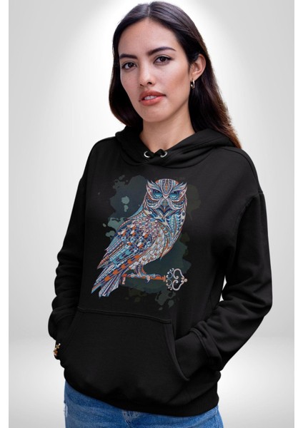 Anahtar Baykuş Tuval Kadın Erkek Siyah Kapüşonlu Sweatshirt Hoodie