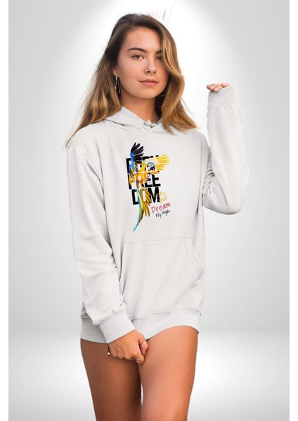 Özgür Doğmuş Yükseklerden Ucalım Kadın Erkek Beyaz Kapüşonlu Sweatshirt Hoodie