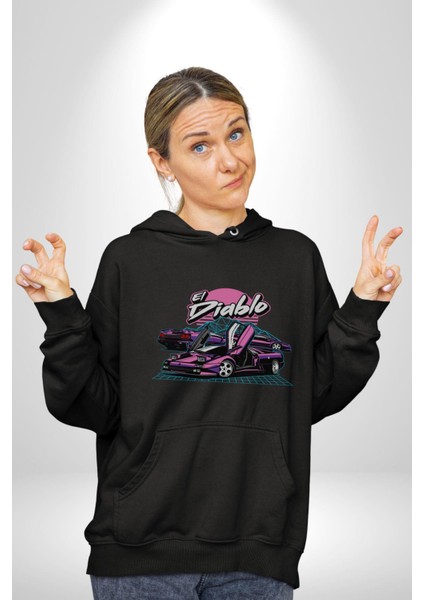 Lamborghini Diablo Sv Yarış Ay Dağ Yarışı Kadın Erkek Siyah Kapüşonlu Sweatshirt Hoodie