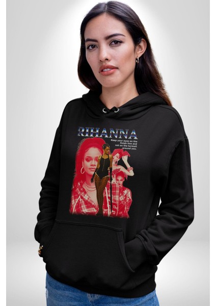 Rihanna Kadın Erkek  Siyah Kapüşonlu Sweatshirt Hoodie