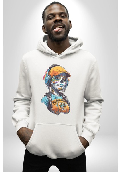 Robot Kız Müzik Kulaklık Şapka Kadın Erkek Beyaz Kapüşonlu Sweatshirt Hoodie