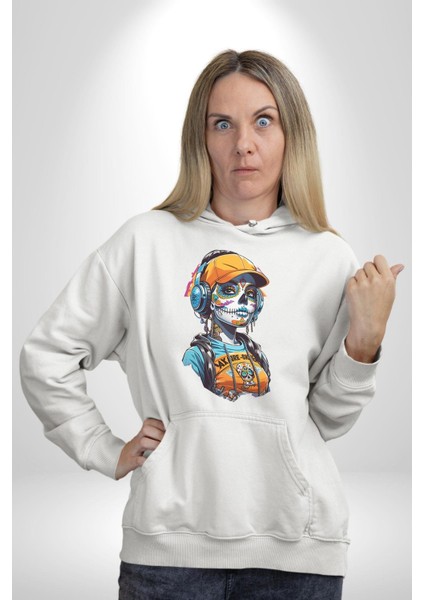 Robot Kız Müzik Kulaklık Şapka Kadın Erkek Beyaz Kapüşonlu Sweatshirt Hoodie indirimleri