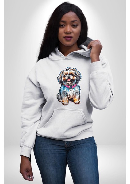 Shih Tzu Renkli Köpek Kadın Erkek Beyaz Kapüşonlu Sweatshirt Hoodie fiyatları