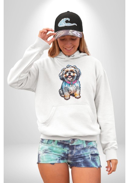 Shih Tzu Renkli Köpek Kadın Erkek Beyaz Kapüşonlu Sweatshirt Hoodie fırsatları