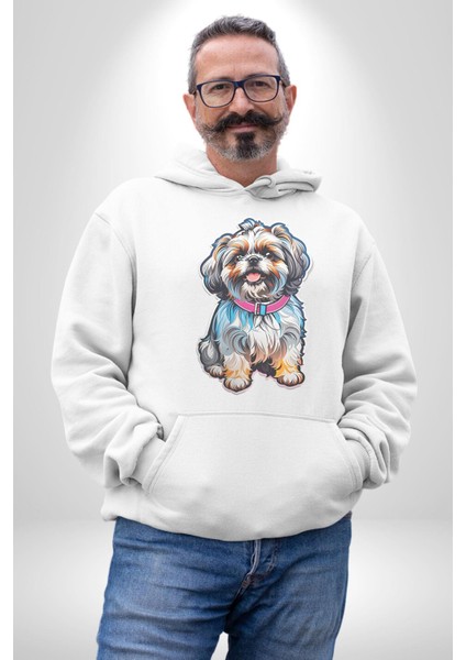 Shih Tzu Renkli Köpek Kadın Erkek Beyaz Kapüşonlu Sweatshirt Hoodie indirimleri