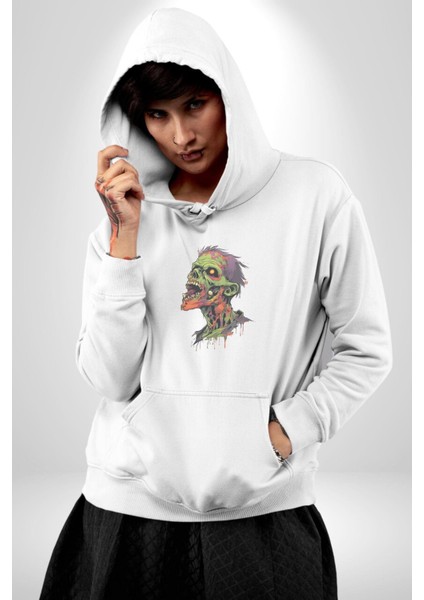 Zombi Kafası Kadın Erkek Beyaz Kapüşonlu Sweatshirt Hoodie