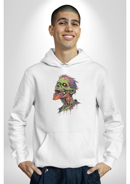 Zombi Kafası Kadın Erkek Beyaz Kapüşonlu Sweatshirt Hoodie modelleri
