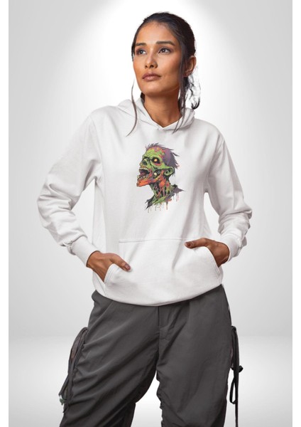 Zombi Kafası Kadın Erkek Beyaz Kapüşonlu Sweatshirt Hoodie fırsatları