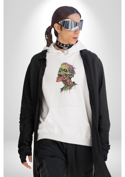 Zombi Kafası Kadın Erkek Beyaz Kapüşonlu Sweatshirt Hoodie indirimleri