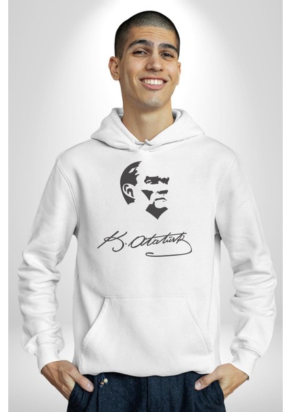 Kemal Atatürk Imza ve Silüet Kadın Erkek Beyaz Kapüşonlu Sweatshirt Hoodie fiyatları