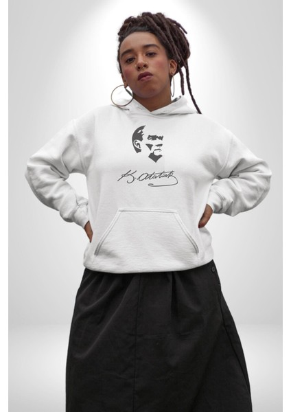 Kemal Atatürk Imza ve Silüet Kadın Erkek Beyaz Kapüşonlu Sweatshirt Hoodie fırsatları