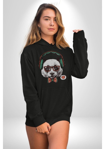 Kulaklıklı Hipster Portre Panda Kadın Erkek  Siyah Kapüşonlu Sweatshirt Hoodie