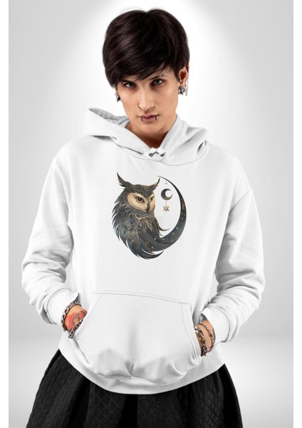 Ay Yıldız Bakır Renk Baykuş Kadın Erkek Beyaz Kapüşonlu Sweatshirt Hoodie
