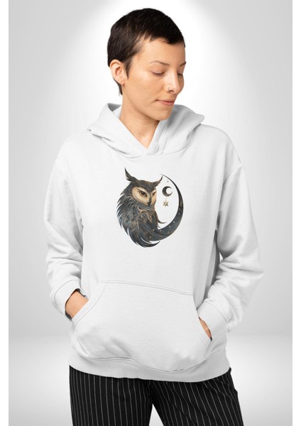 Ay Yıldız Bakır Renk Baykuş Kadın Erkek Beyaz Kapüşonlu Sweatshirt Hoodie fiyatları