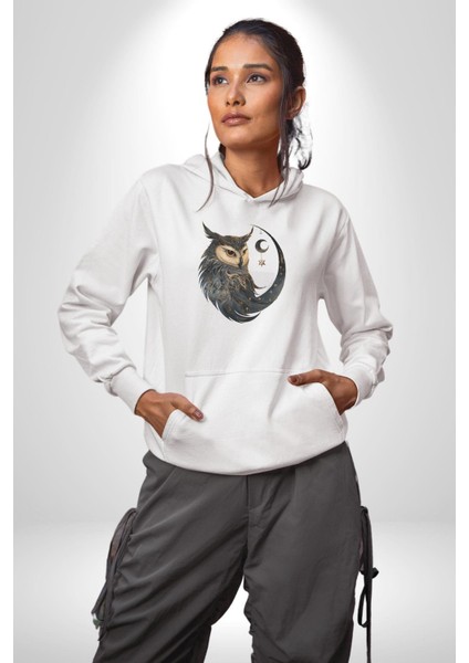 Ay Yıldız Bakır Renk Baykuş Kadın Erkek Beyaz Kapüşonlu Sweatshirt Hoodie modelleri