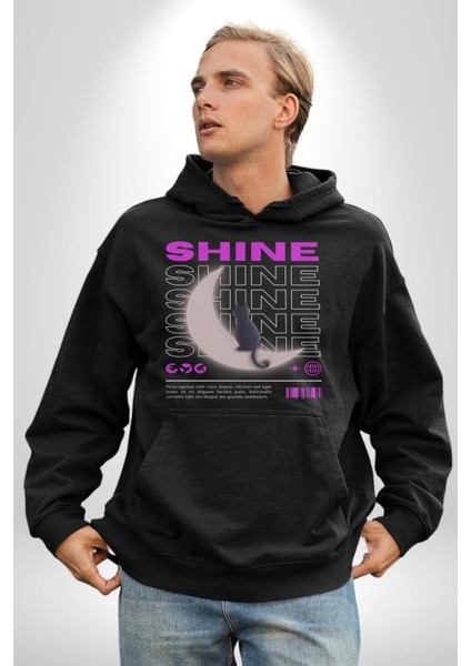 Parlayan Siyah Kedi Kadın Erkek Siyah Kapüşonlu Sweatshirt Hoodie